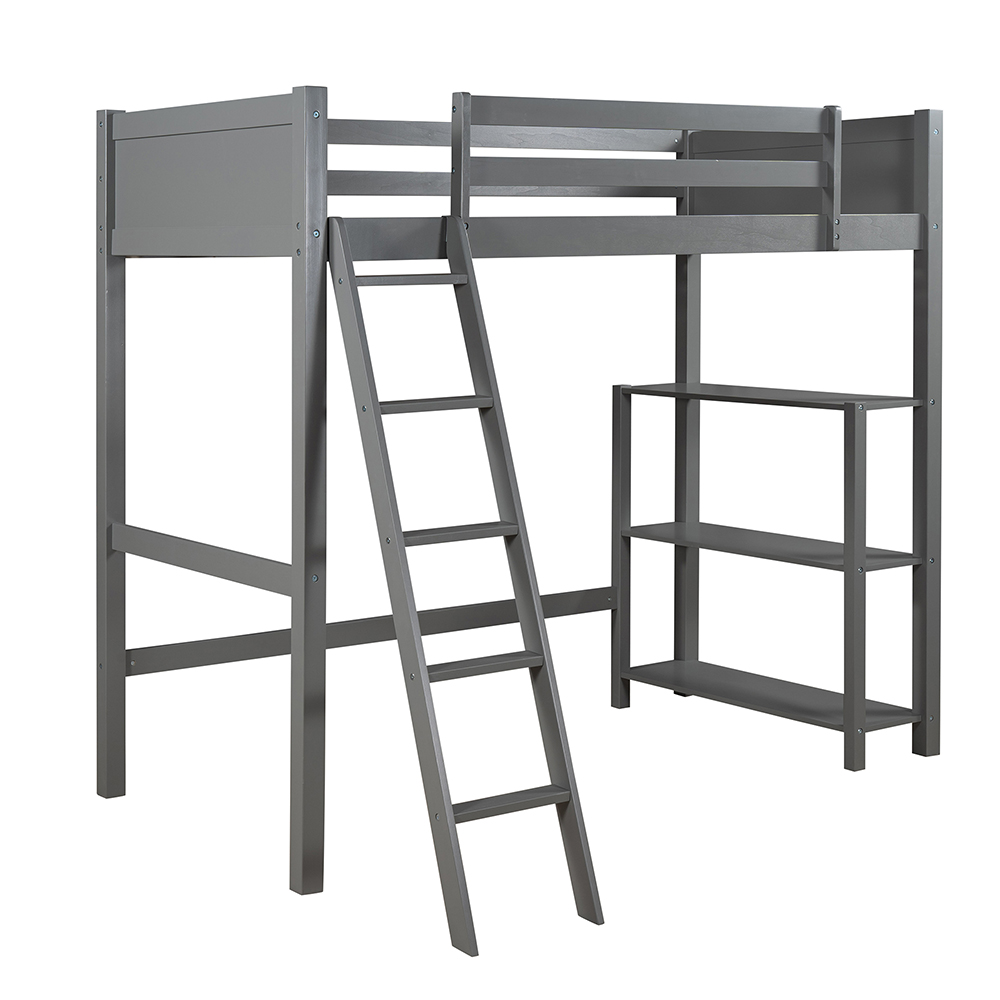 Twin Size Wooden Loft Bed Frame with Storage Shelf and Ladder Suitable for Small Rooms - Gray