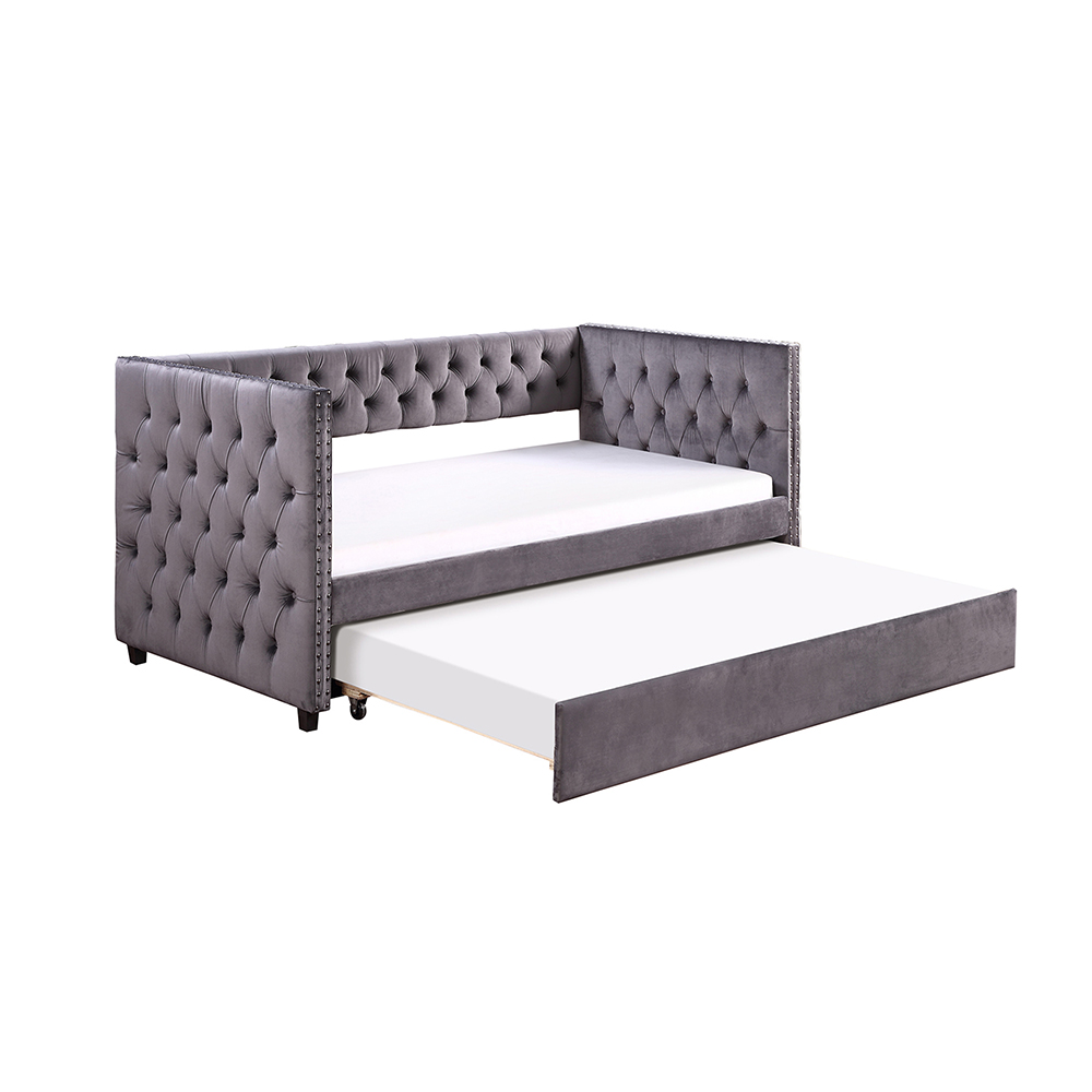 TOPMAX Twin Size Upholstered Tufted Sofa Bed Wooden Frame with Trundle Bed and Armrests - Gray