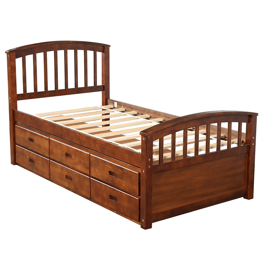 Orisfur Twin Size Wooden Bed Frame with 6 Storage Drawers - Walnut
