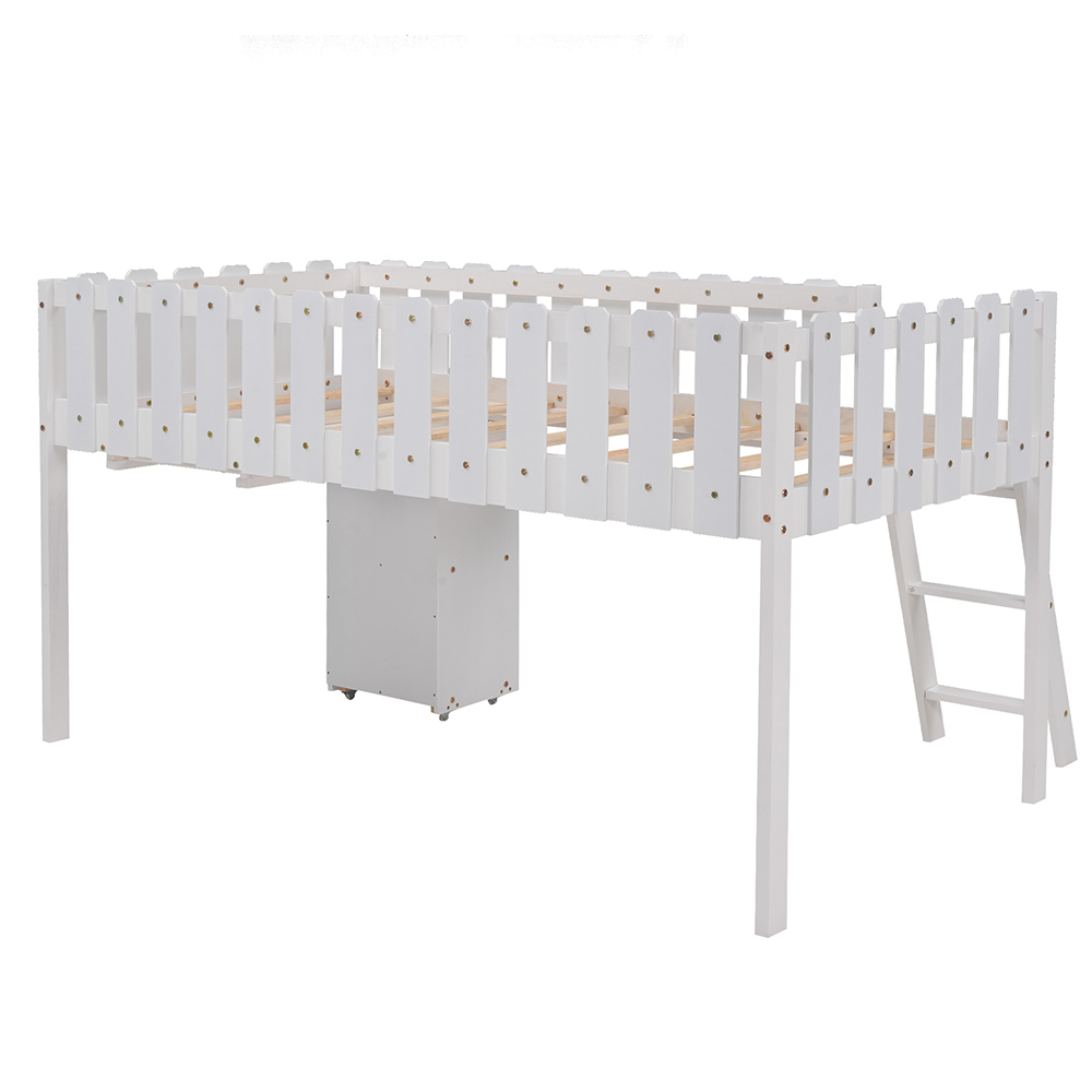 Twin Size Wooden Loft Bed Frame with Desk and Storage Cabinet for Children - White