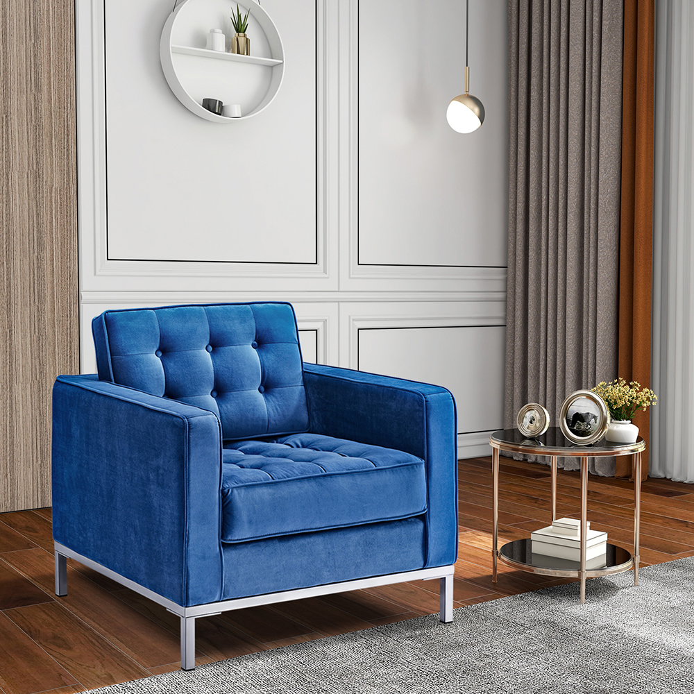 1-seat Velvet Sofa with Backrest and Armrests for Living Room, Bedroom, Office, Hotel, Bar - Blue