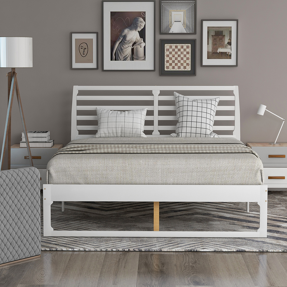 Queen Size Wooden Bed Frame Simple Modern Design with Headboard - White