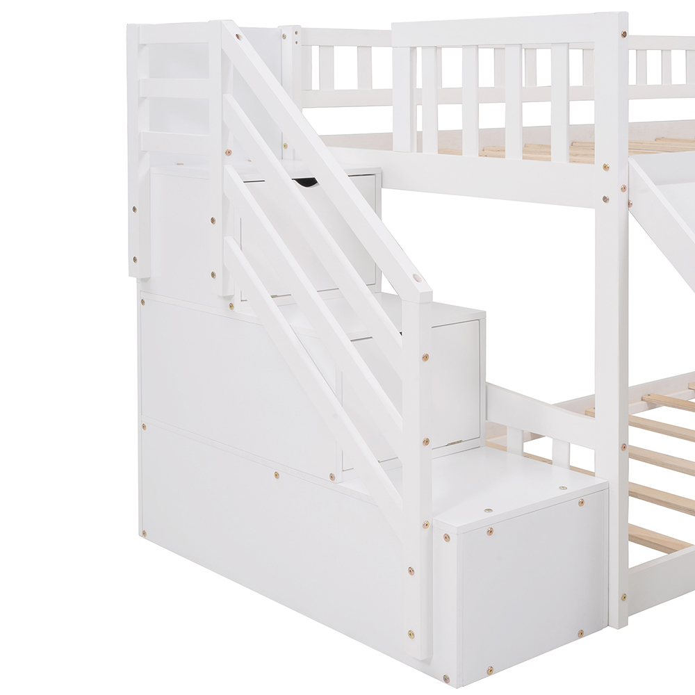 Twin-Over-Twin Size Wooden Bunk Bed Frame with Ladder, Storage Stairs, and Slide Suitable for Families with Multiple Children - White