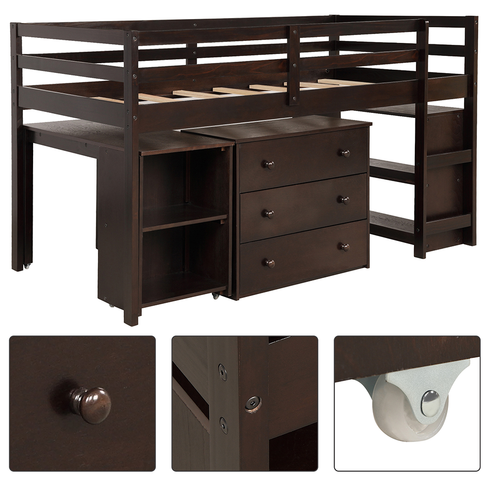 Twin Size Wooden Elevated Bed Frame with Storage Cabinet, Bookshelf, Portable Desk for Small Rooms - Espresso