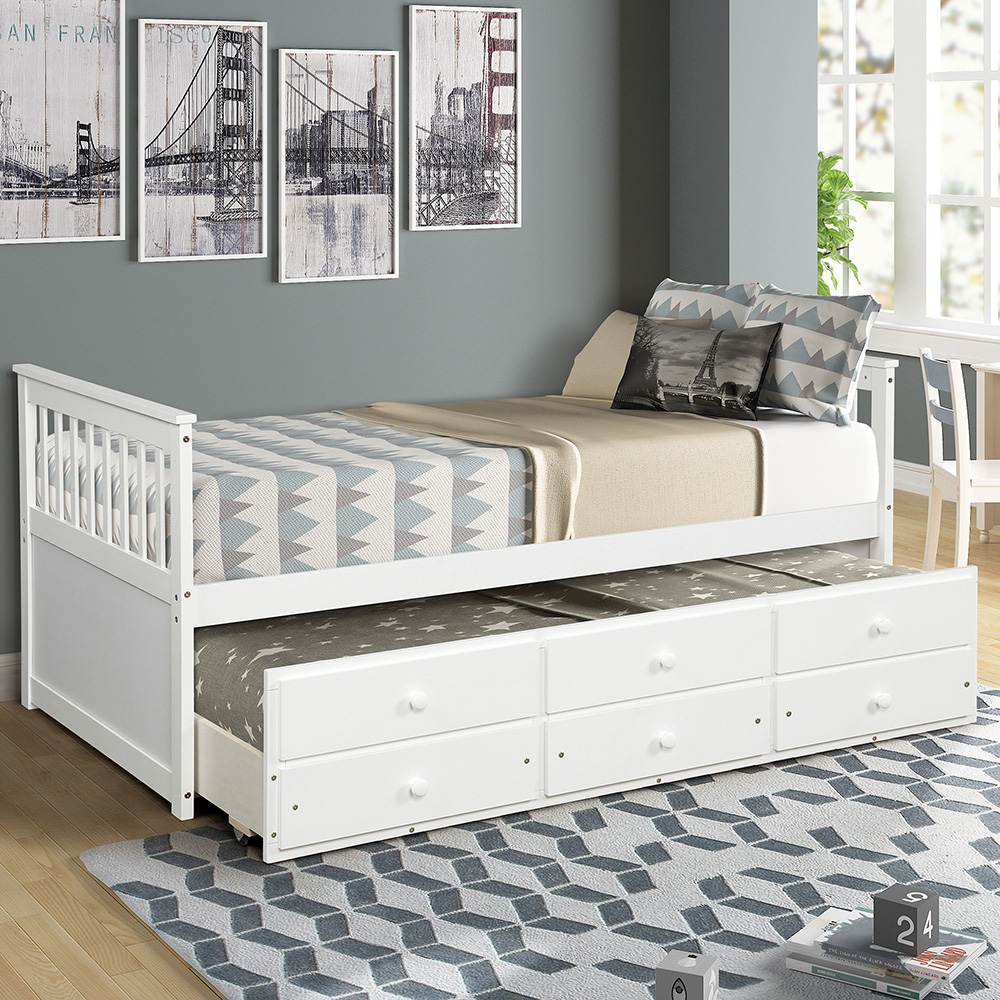 TOPMAX Captain's Twin Size Bed Frame with Trundle Bed and Storage Drawers, for Boys, Girls and Small Rooms - White