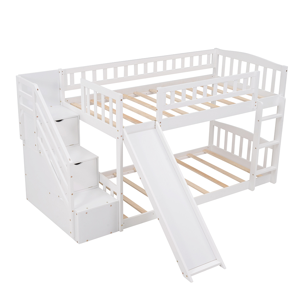 Twin-Over-Twin Size Wooden Bunk Bed Frame with Ladder, Storage Stairs, and Slide Suitable for Families with Multiple Children - White