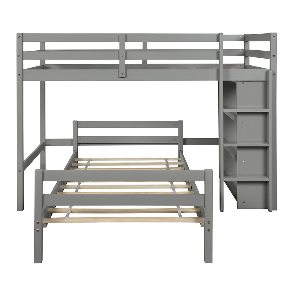 Twin-Over-Twin Size Wooden Bunk Bed Frame with 3-layer Shelf, for Families with Multiple Children - Gray