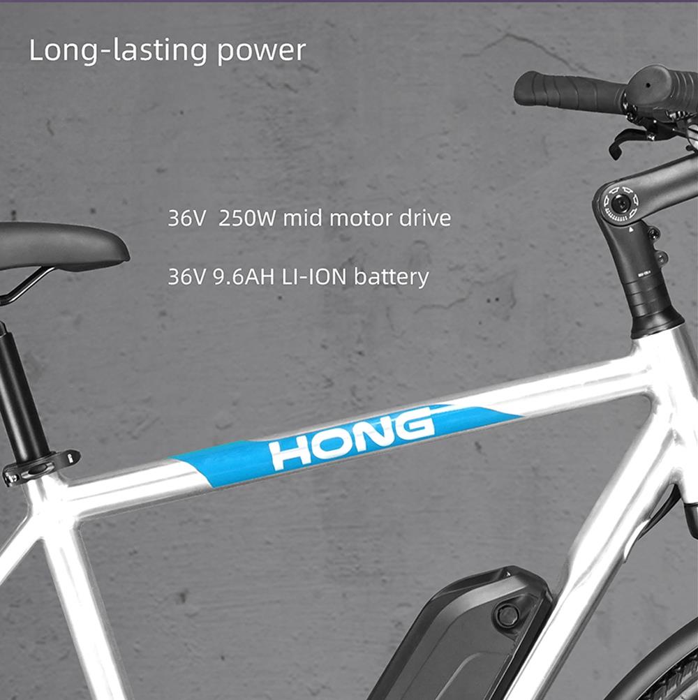 HONG CD-02 URBAN Electric Bike 700C Tire 36V 250W Mid motor Drive 25km/h Speed LG 9.6Ah Li-ion Battery Range up to 50km SHIMANO 8-speed Shift Aluminum Alloy Frame Hydraulic Disk Brake for Male