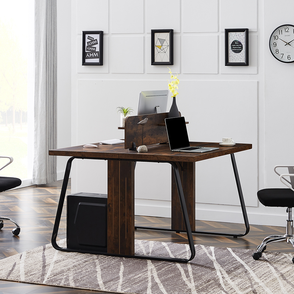 Home Office Dual Person Computer Desk Industrial Modern Design Steel Frame MDF Board - Tiger