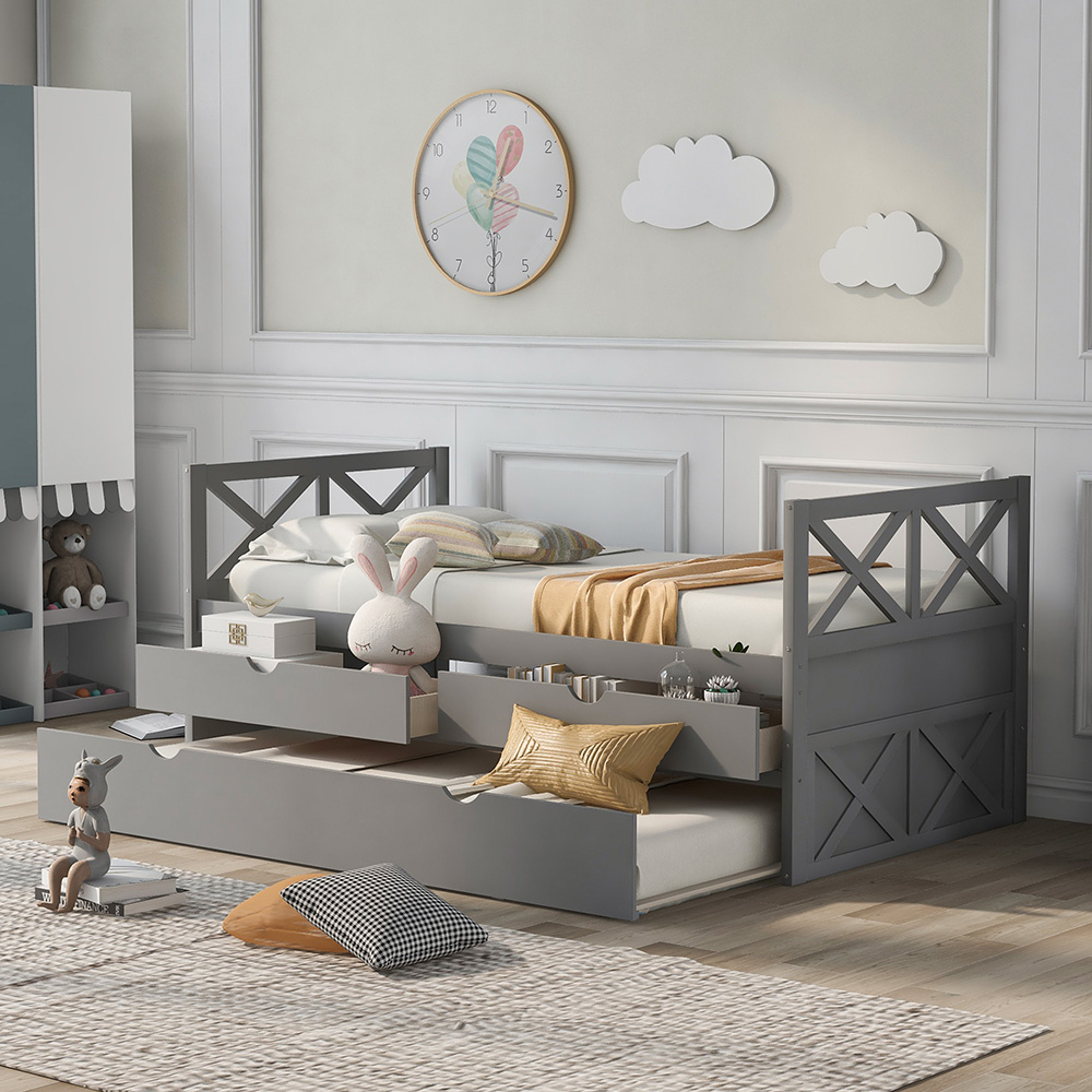Twin Size Wooden Bed Frame with Storage Drawers and Trundle Bed Suitable for Family with Multiple Children - Gray