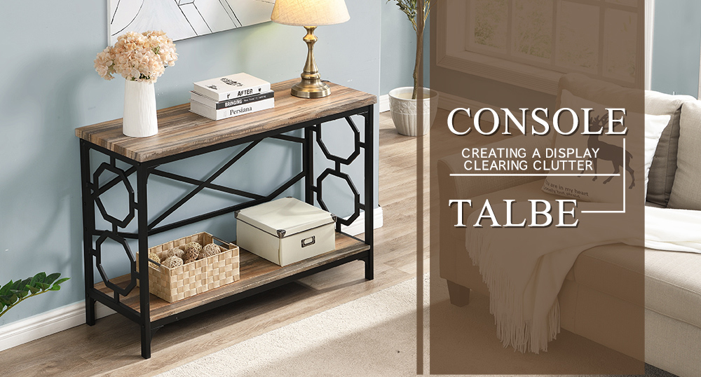 Home Office Corridor Entrance Console Table Storage Shelf Metal Frame - Brown