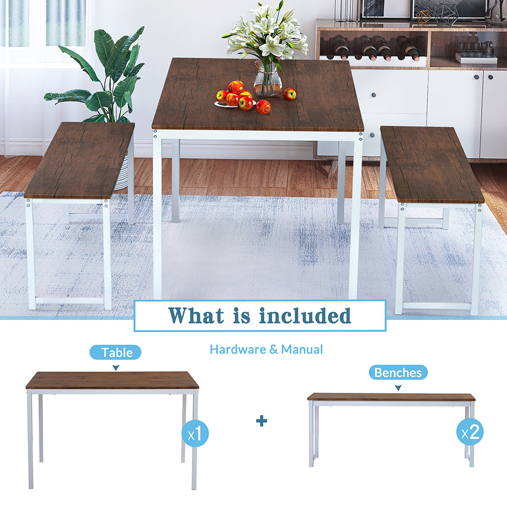 TOPMAX 3 Piece Bar Table Set with 2 Benches for Kitchen, Living Room, Bar, Restaurant - Brown + White