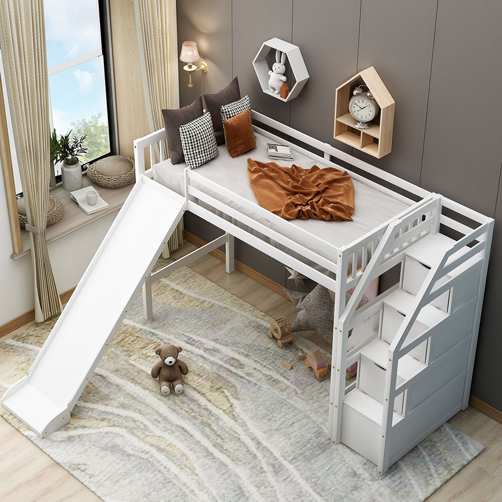 Twin Size Wooden Loft Bed Frame with Shelf and Slide Suitable for Children - White