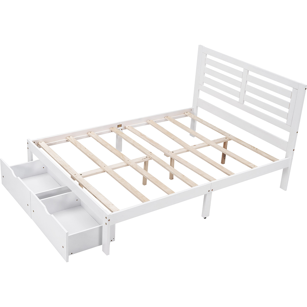 Full Size Wooden Bed Frame with Storage Drawer - White