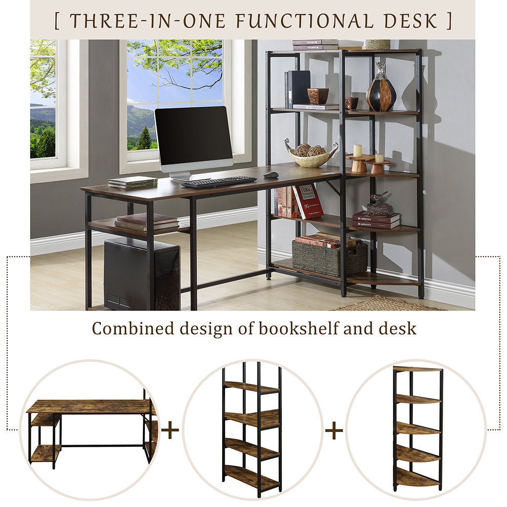 Home Office L-shaped Computer Desk with Five-layer Shelf & CPU Bracket - Brown