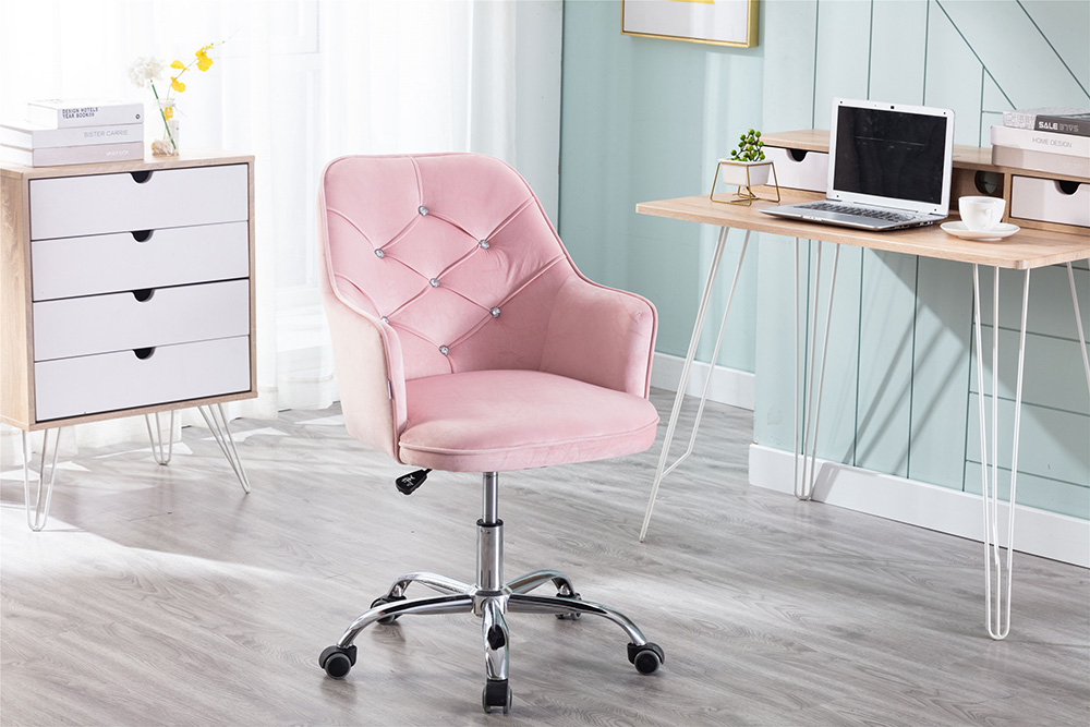 COOLMORE Velvet Rotating Chair Height Adjustable with Curved Backrest and Casters for Living Room, Bedroom, Office - Pink