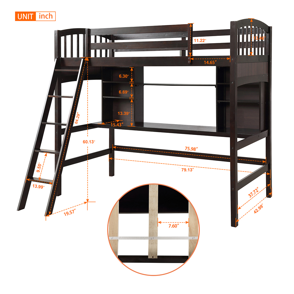 Twin Size Wooden Loft Bed Frame With Desk, Bookshelf, Ladder, and Guardrail for Small Rooms - Espresso