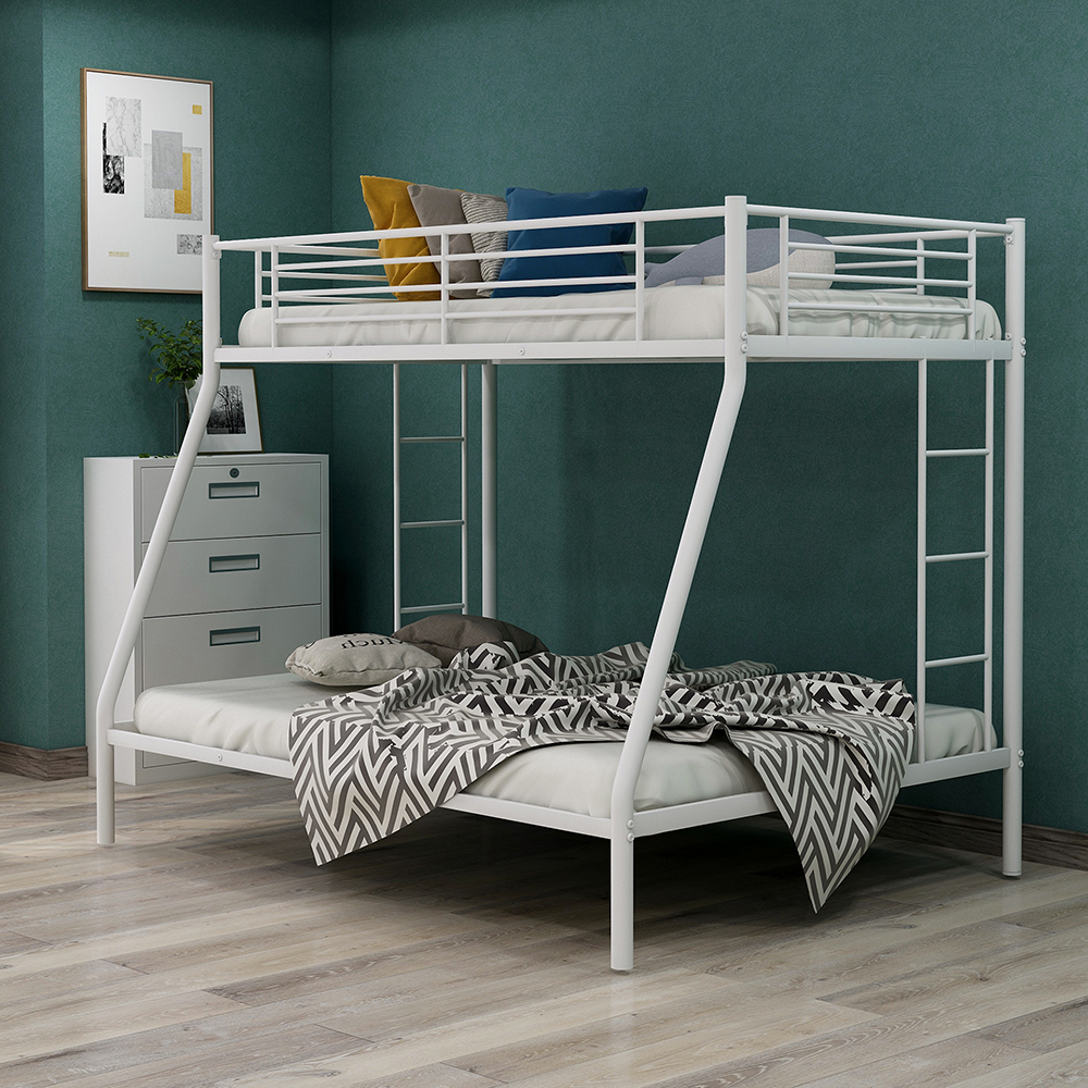 Twin-Over-Full Size Metal Bunk Bed Frame with Stairs and Guardrail for Families with Multiple Children - White
