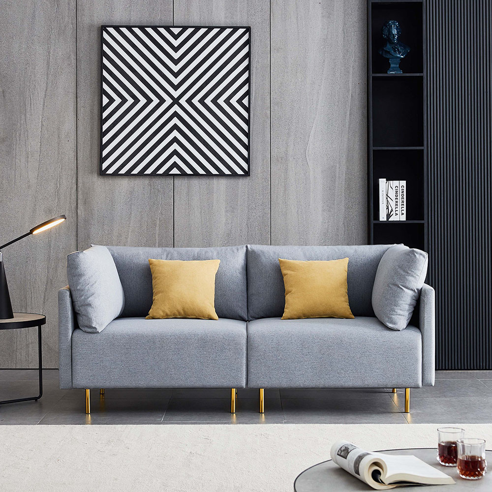 74" Dual Person Fabric Sofa Metal Legs Foam Filling, Easy to Clean, for Living Room, Apartment, Studio, Office - Gray