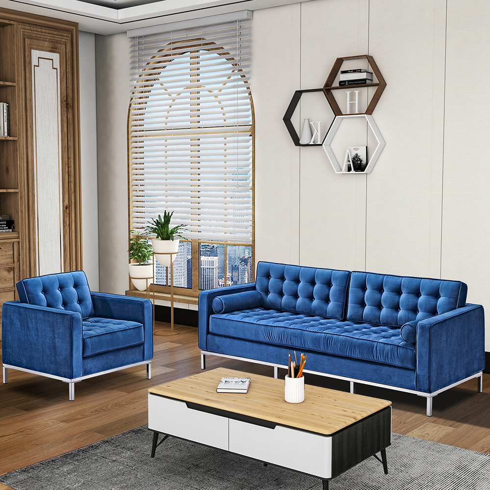1-seat Velvet Sofa with Backrest and Armrests for Living Room, Bedroom, Office, Hotel, Bar - Blue