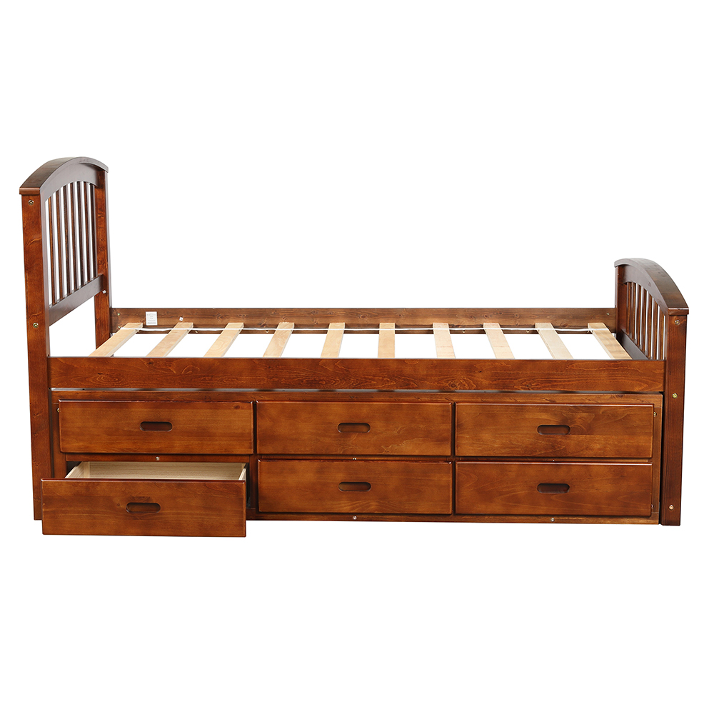 Orisfur Twin Size Wooden Bed Frame with 6 Storage Drawers - Walnut