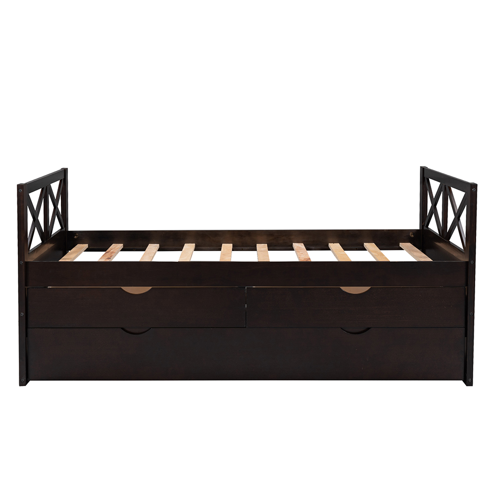 Twin Size Wooden Bed Frame with Storage Drawers and Trundle Bed Suitable for Family with Multiple Children - Espresso