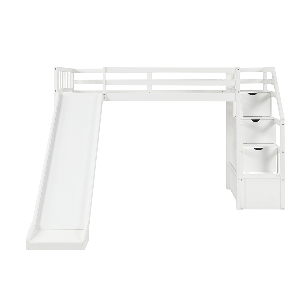 Twin Size Wooden Loft Bed Frame with Shelf and Slide Suitable for Children - White