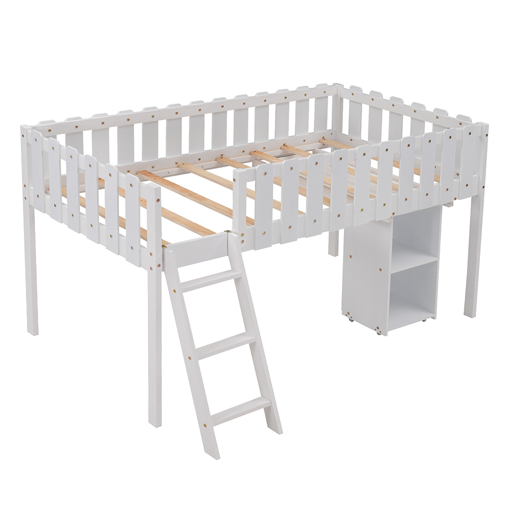Twin Size Wooden Loft Bed Frame with Desk and Storage Cabinet for Children - White