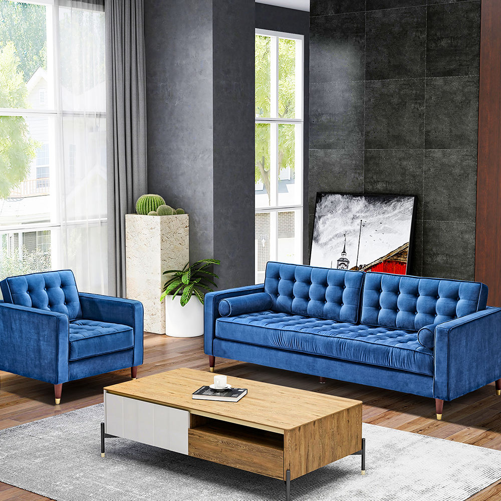 81" Dual Person Velvet Sofa Oak Wooden Legs, for Living Room, Apartment, Studio, Office - Blue