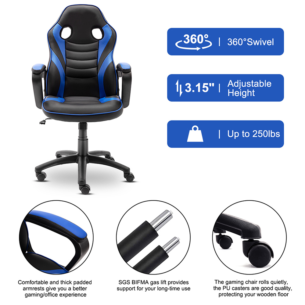 Art Life Home Office PU Leather Rotatable Gaming Chair Height Adjustable with Ergonomic Backrest and Casters - Blue