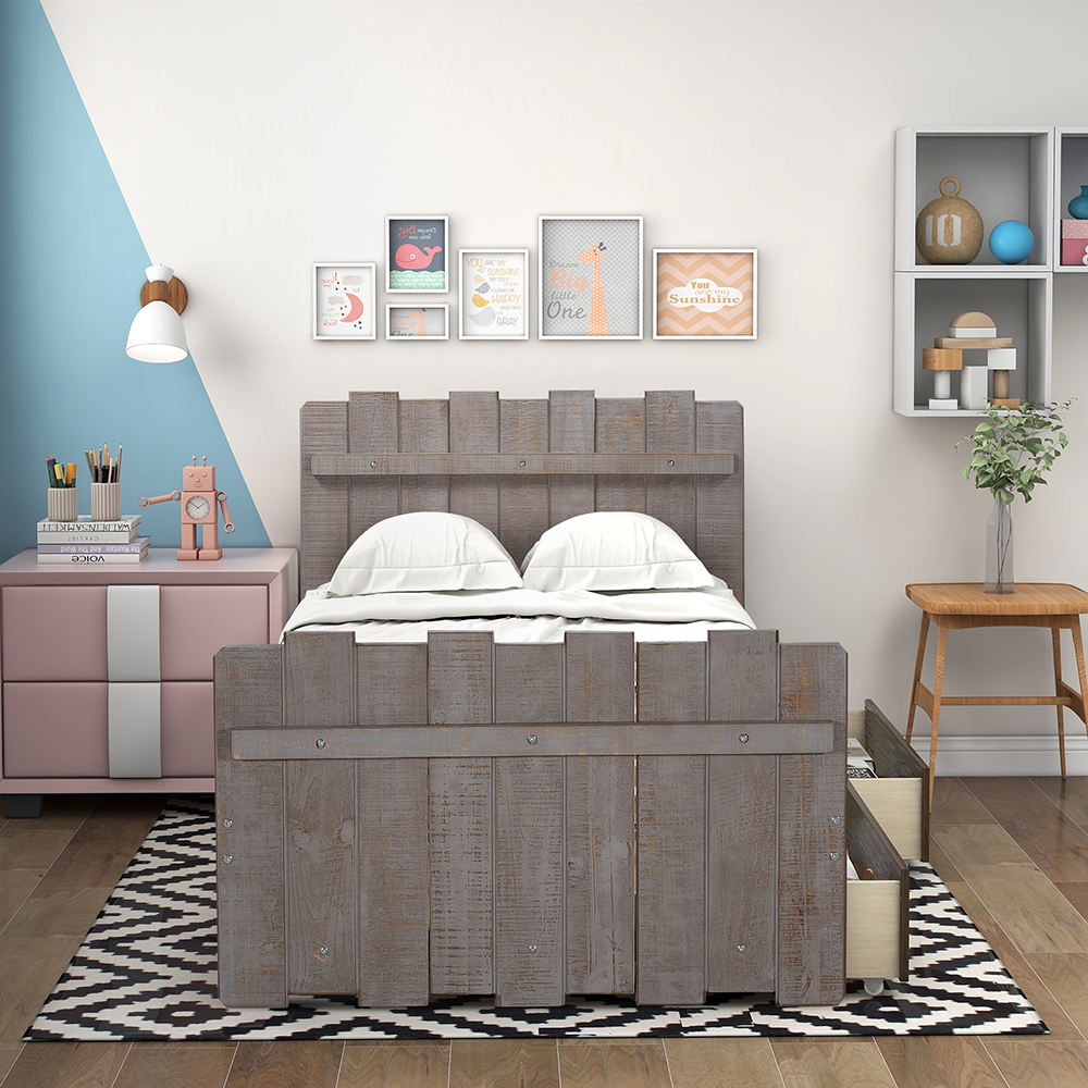 Twin Size Wooden Bed Frame Rustic Style Design with Storage Drawers, Vintage Fence-shaped Headboard, and Footboard - Gray