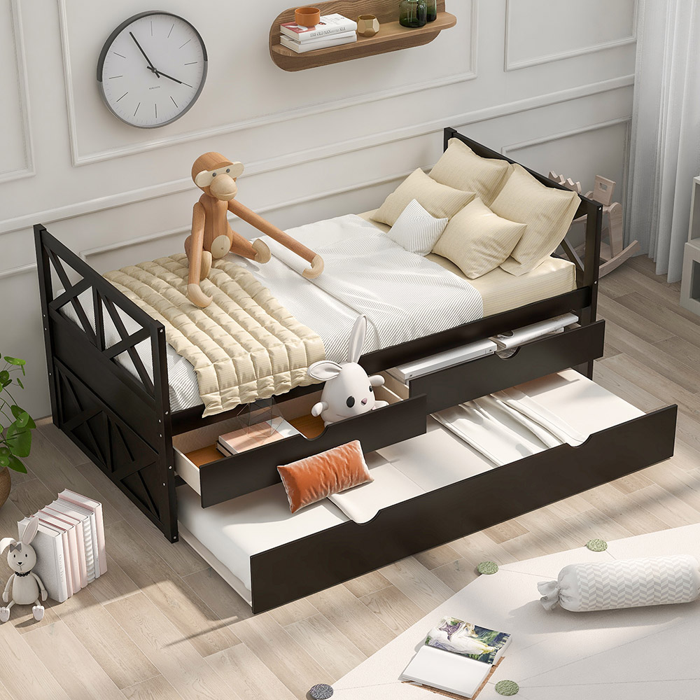 Twin Size Wooden Bed Frame with Storage Drawers and Trundle Bed Suitable for Family with Multiple Children - Espresso