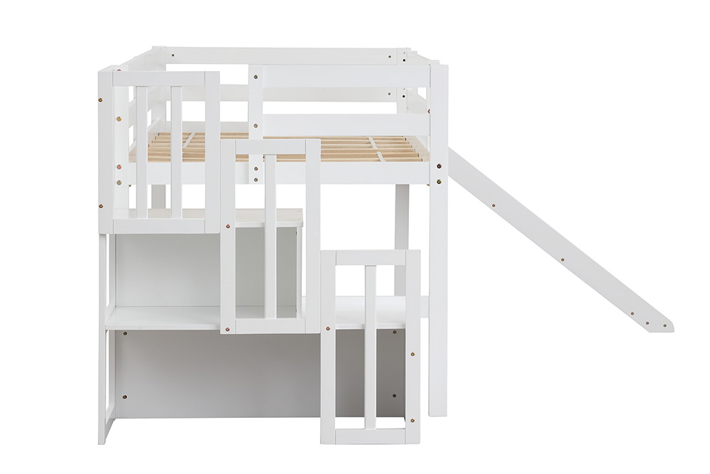 Children's Loft Bed with Storage Stairs and Slide - White