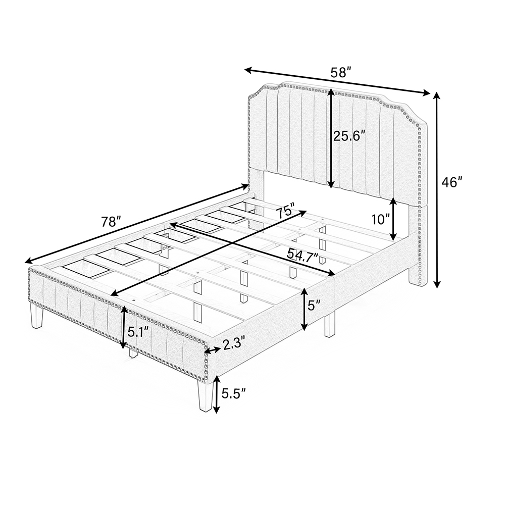 Full Size Solid Wooden Upholstered Bed Frame with Linen Headboard and Nailhead Trim - Gray