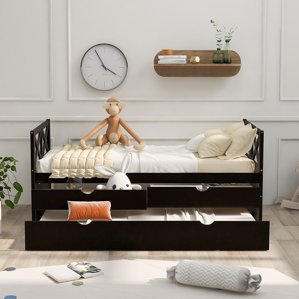 Twin Size Wooden Bed Frame with Storage Drawers and Trundle Bed Suitable for Family with Multiple Children - Espresso