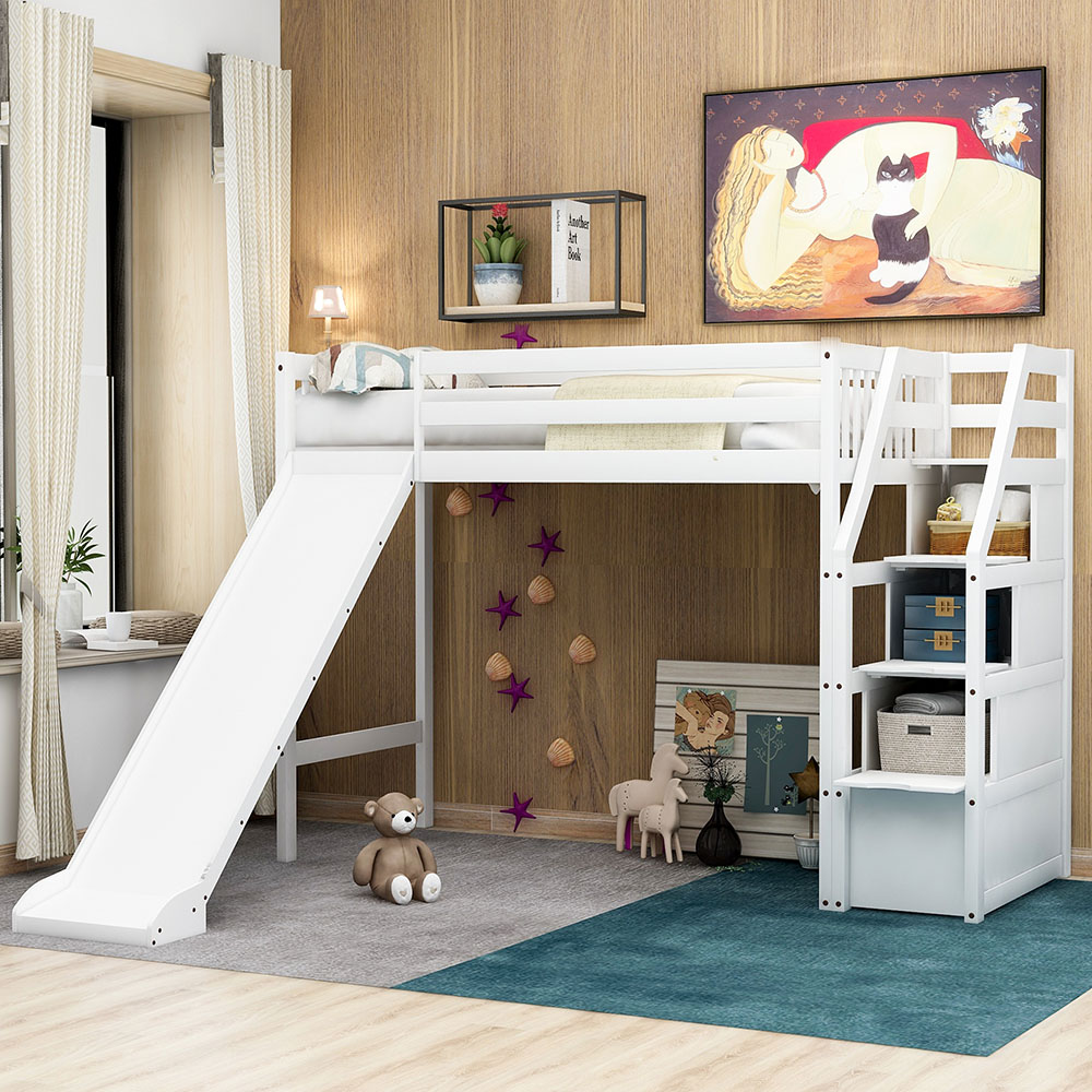 Twin Size Wooden Loft Bed Frame with Shelf and Slide Suitable for Children - White