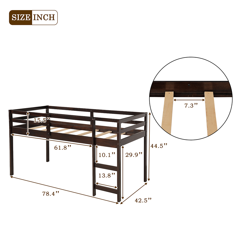 Twin Size Wooden Elevated Bed Frame with Storage Cabinet, Bookshelf, Portable Desk for Small Rooms - Espresso