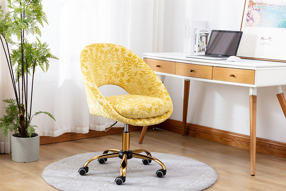 COOLMORE Velvet Rotating Chair Height Adjustable with Curved Backrest and Casters for Living Room, Bedroom, Office - Yellow