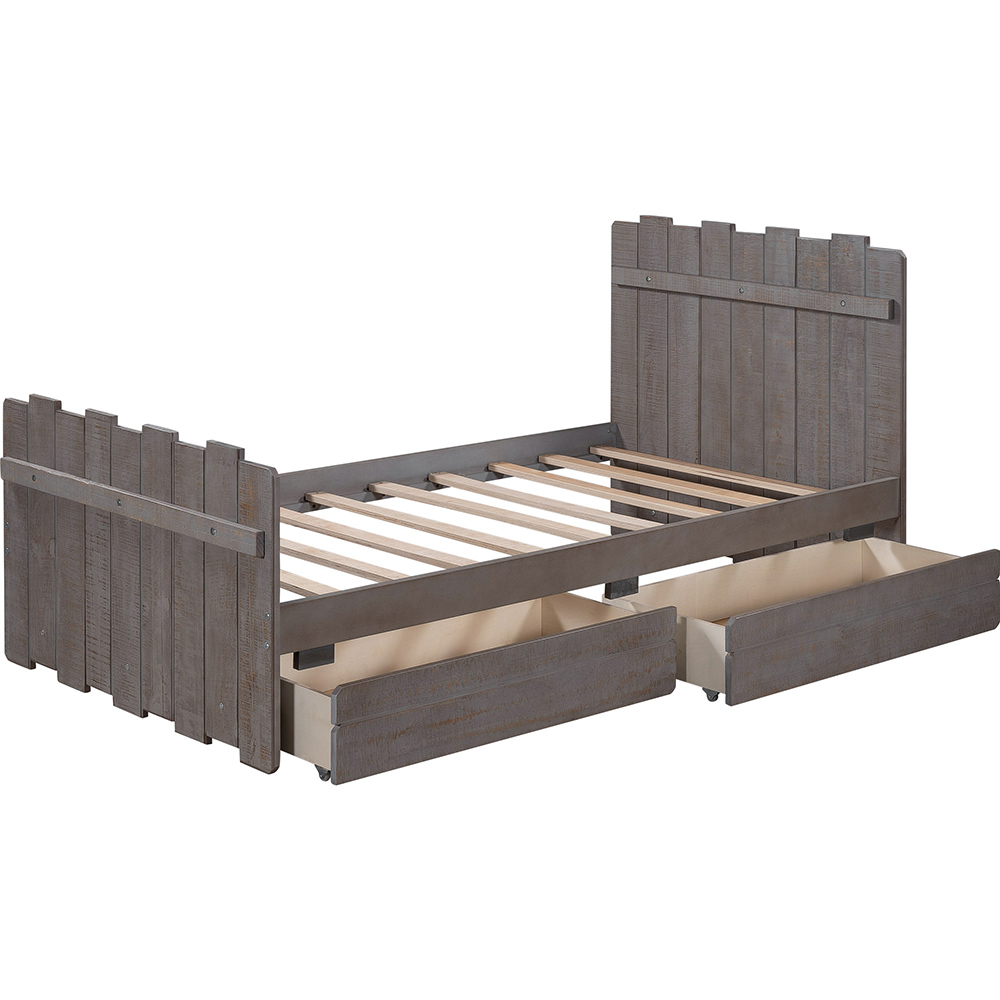 Twin Size Wooden Bed Frame Rustic Style Design with Storage Drawers, Vintage Fence-shaped Headboard, and Footboard - Gray