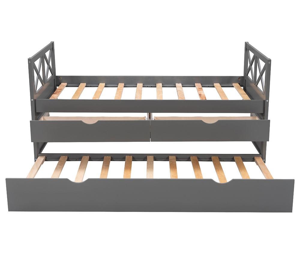 Twin Size Wooden Bed Frame with Storage Drawers and Trundle Bed Suitable for Family with Multiple Children - Gray