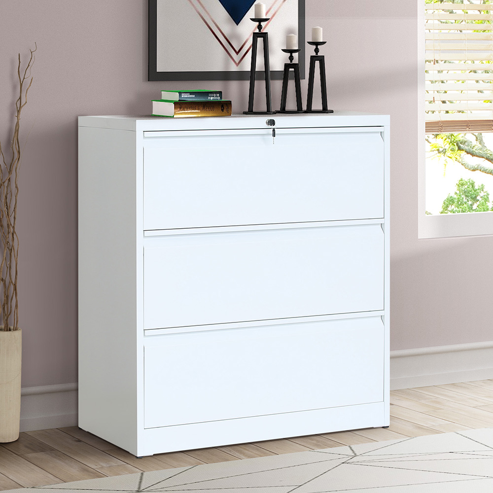 Home Office Steel Lateral File Cabinet with 3 Drawers and Lock - White