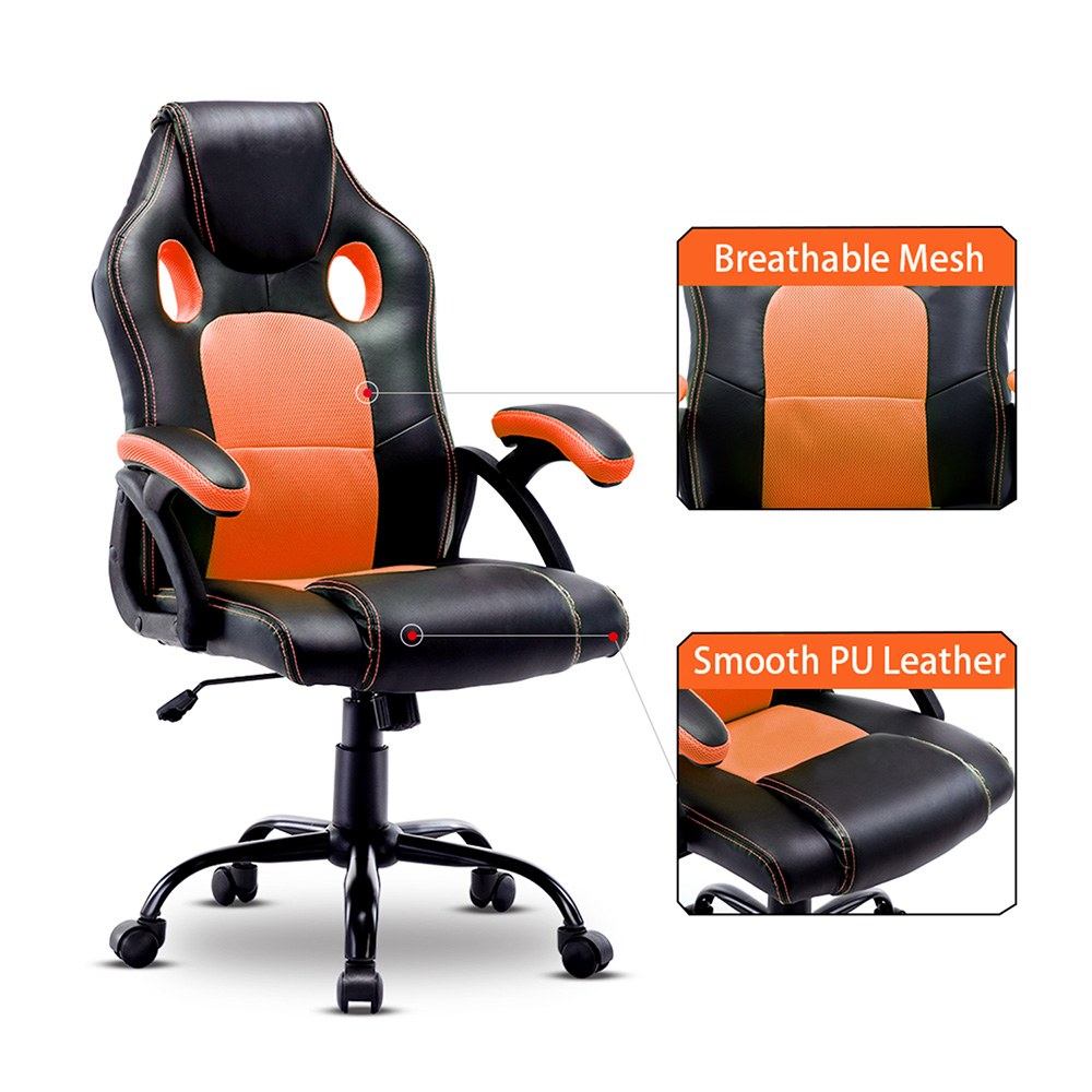 Home Office PU Leather Rotatable Gaming Chair Height Adjustable with Ergonomic Backrest and Casters - Black+Orange
