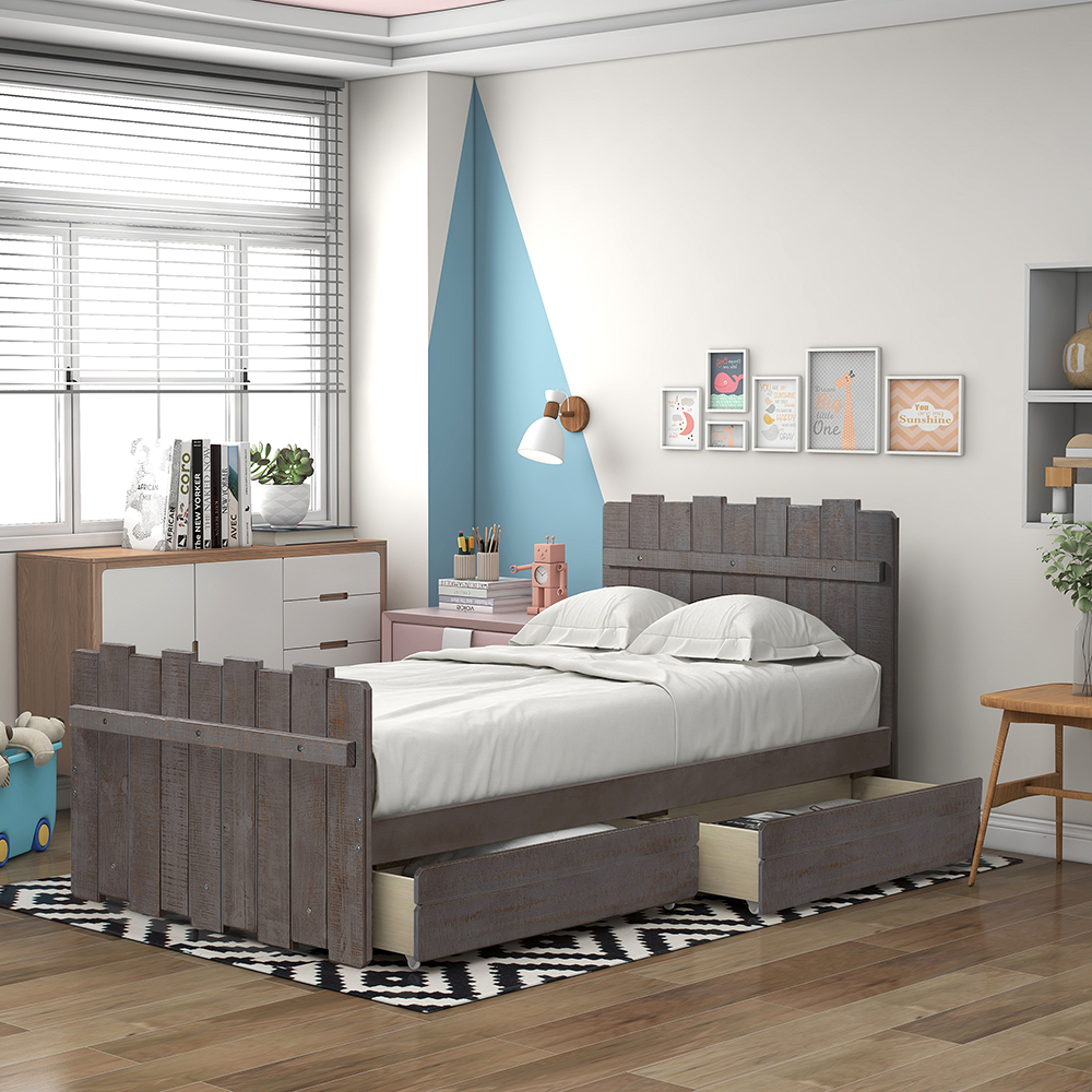 Twin Size Wooden Bed Frame Rustic Style Design with Storage Drawers, Vintage Fence-shaped Headboard, and Footboard - Gray