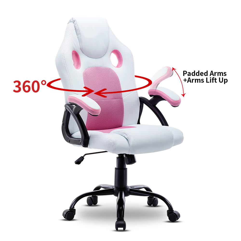 Art Life Home Office PU Leather Rotatable Gaming Chair Height Adjustable with Ergonomic Backrest and Casters - Pink + White