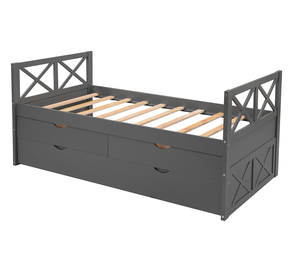 Twin Size Wooden Bed Frame with Storage Drawers and Trundle Bed Suitable for Family with Multiple Children - Gray