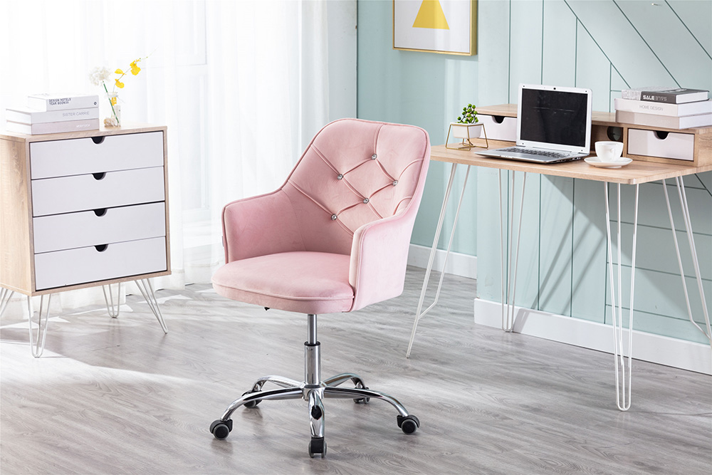 COOLMORE Velvet Rotating Chair Height Adjustable with Curved Backrest and Casters for Living Room, Bedroom, Office - Pink