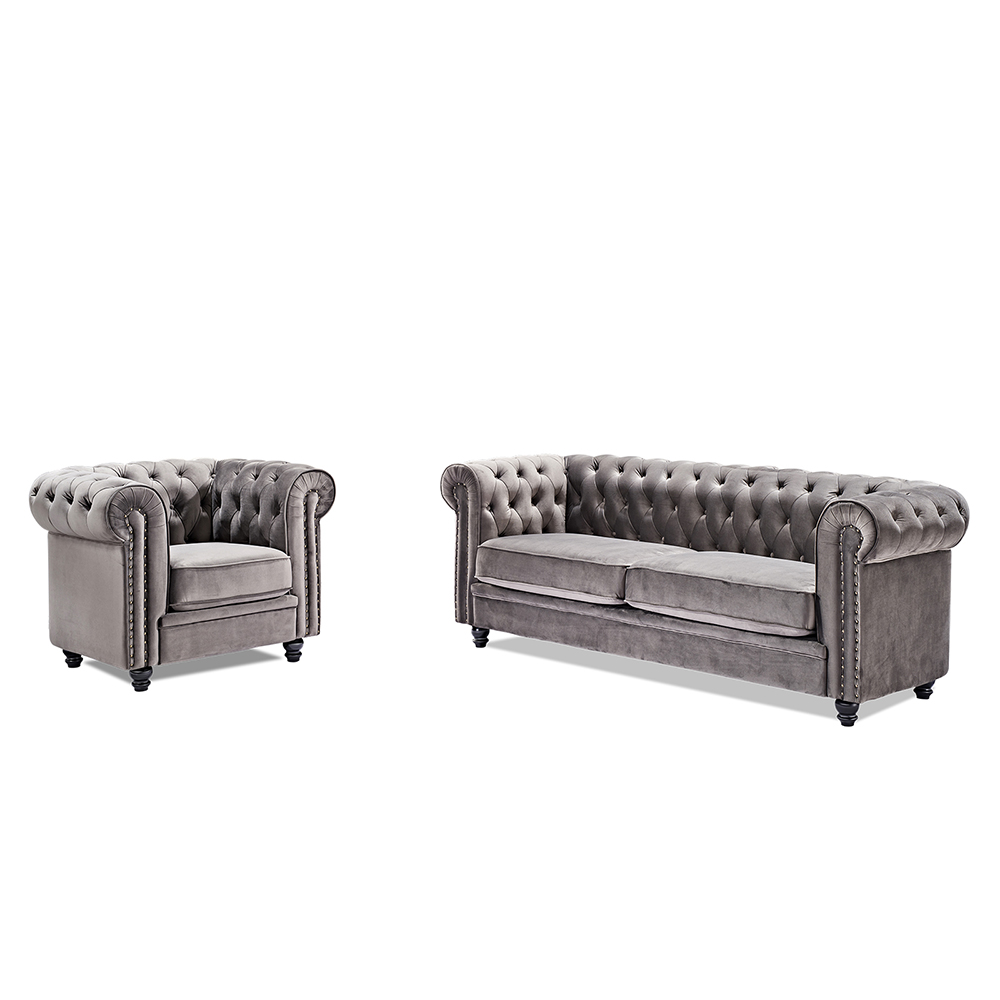 2-seats Velvet Sofa Solid Wood Oak Legs for Living Room, Bedroom, Office, Hotel, Bar, Restaurant - Gray