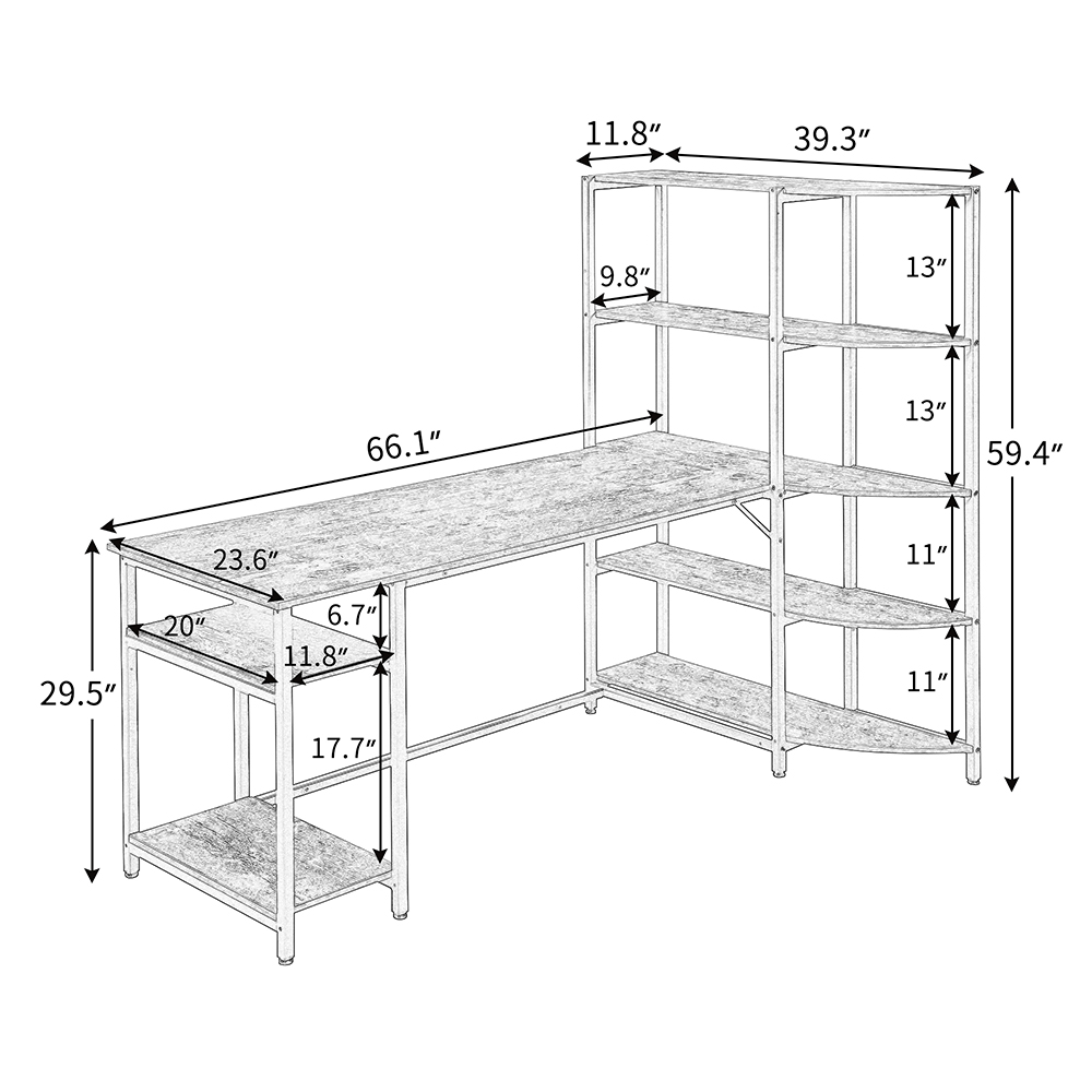 Home Office L-shaped Computer Desk with Five-layer Shelf & CPU Bracket - Brown