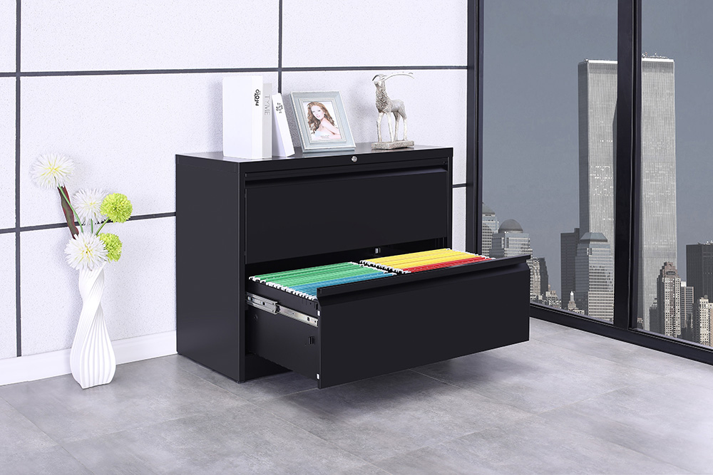 Home Office Metal Lateral File Cabinet with 2 Drawers and Lock - Black