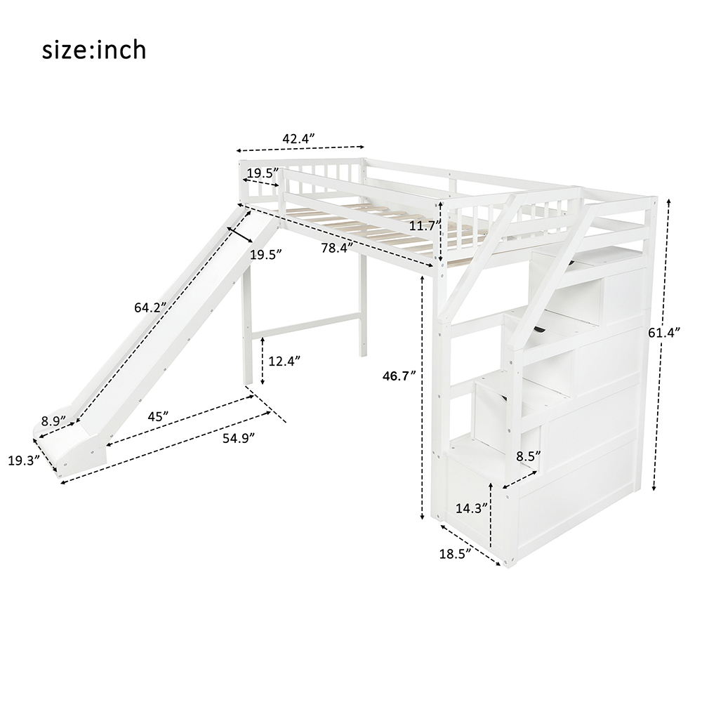 Twin Size Wooden Loft Bed Frame with Shelf and Slide Suitable for Children - White